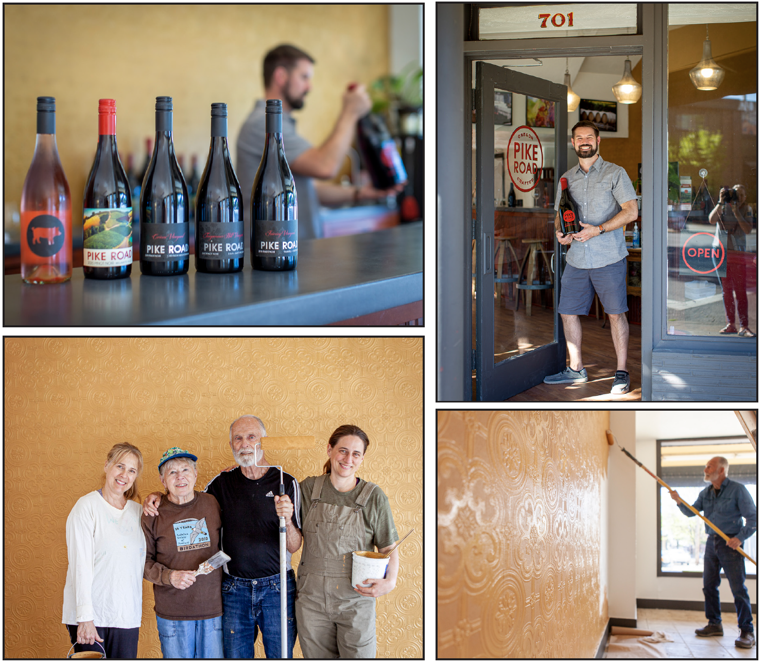 Photos of a tasting room with bottles, a group of four people posed in painting clothes, painting a gold wall with a roller 