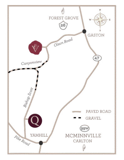 map between elk cove vineyards and quandary vineyards showing gravel roads on the shortest route.